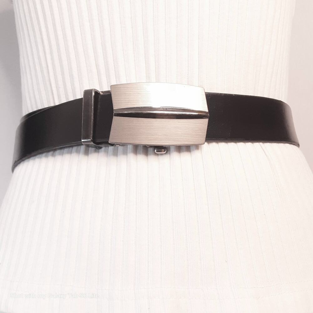 💎N.U Leather Ratchet Belt 36 Waist Black Leather Strap Brushed SilverTone Buckle